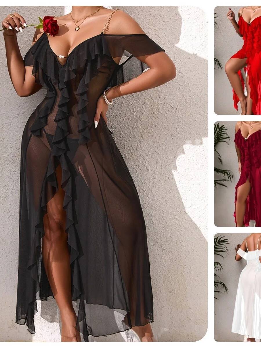 Solid Color Mesh Nightdress Wi - Mesh Strap Metal reseña y precio